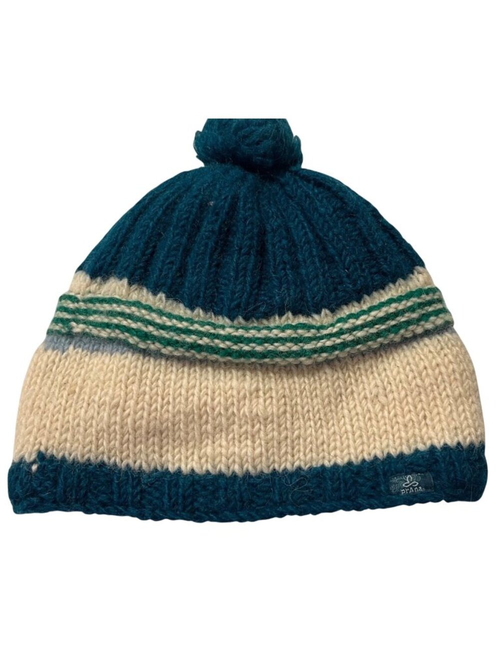 Prana Hand-Knit Wool Pom-Pom Beanie Hat Teal/Ivory Striped Nepal